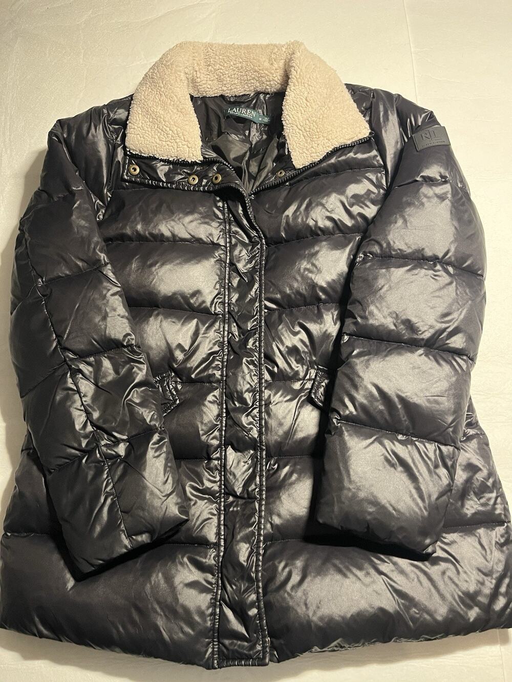 Lauren Ralph Lauren Womens M Black Down Puffer Jacket Sherpa Collar Quilted Coat